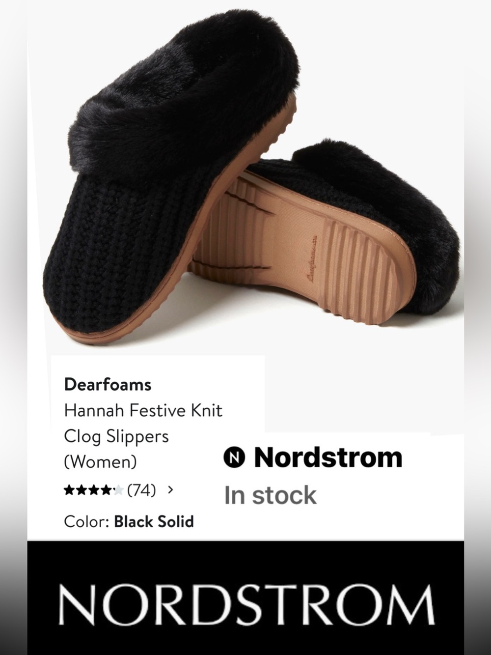 Dearfoams Black Hannah Festive Knit Clog Slippers size 7-8 M